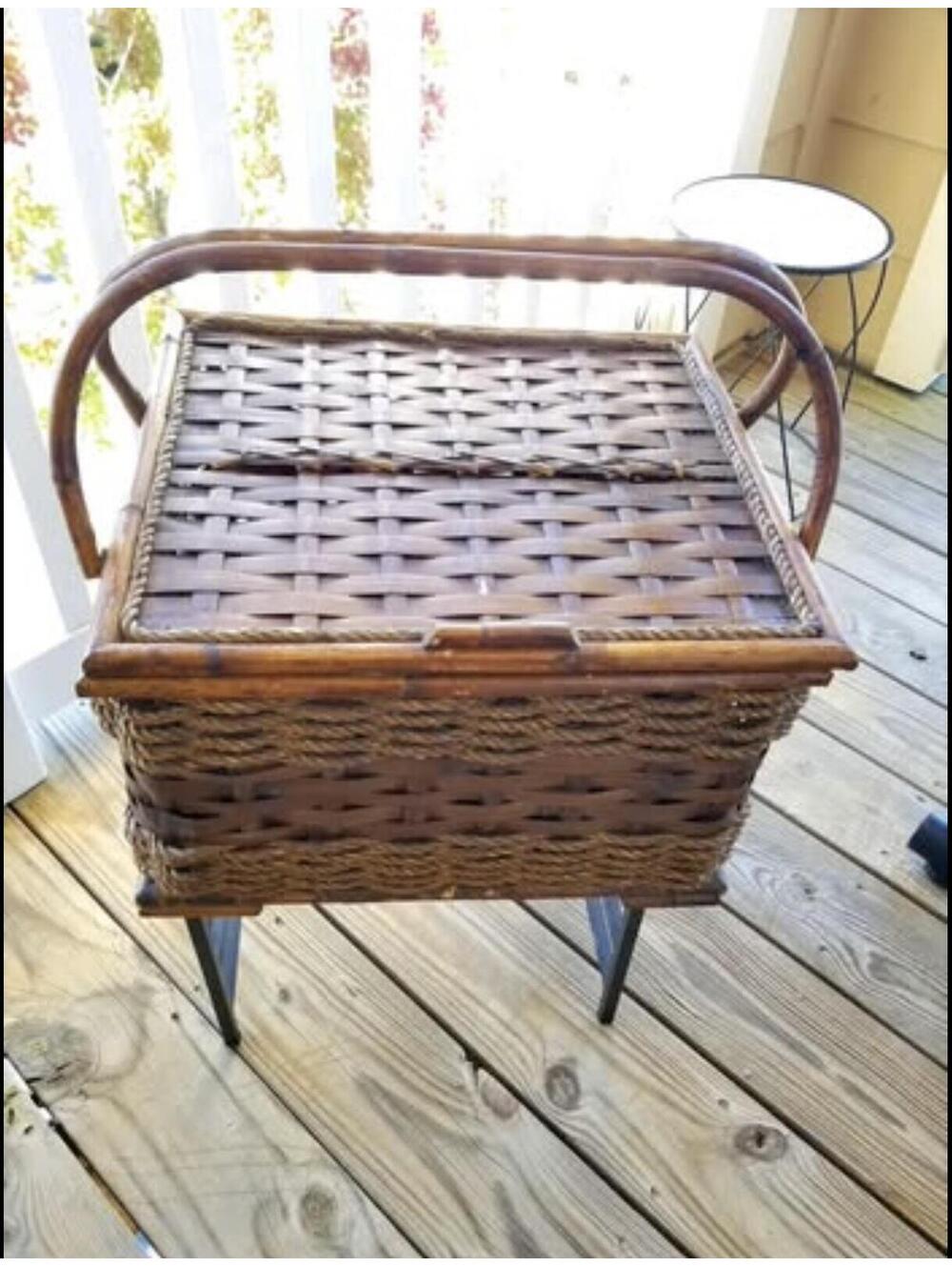 Vintage Large Woven Bamboo Basket For needlework / sewing